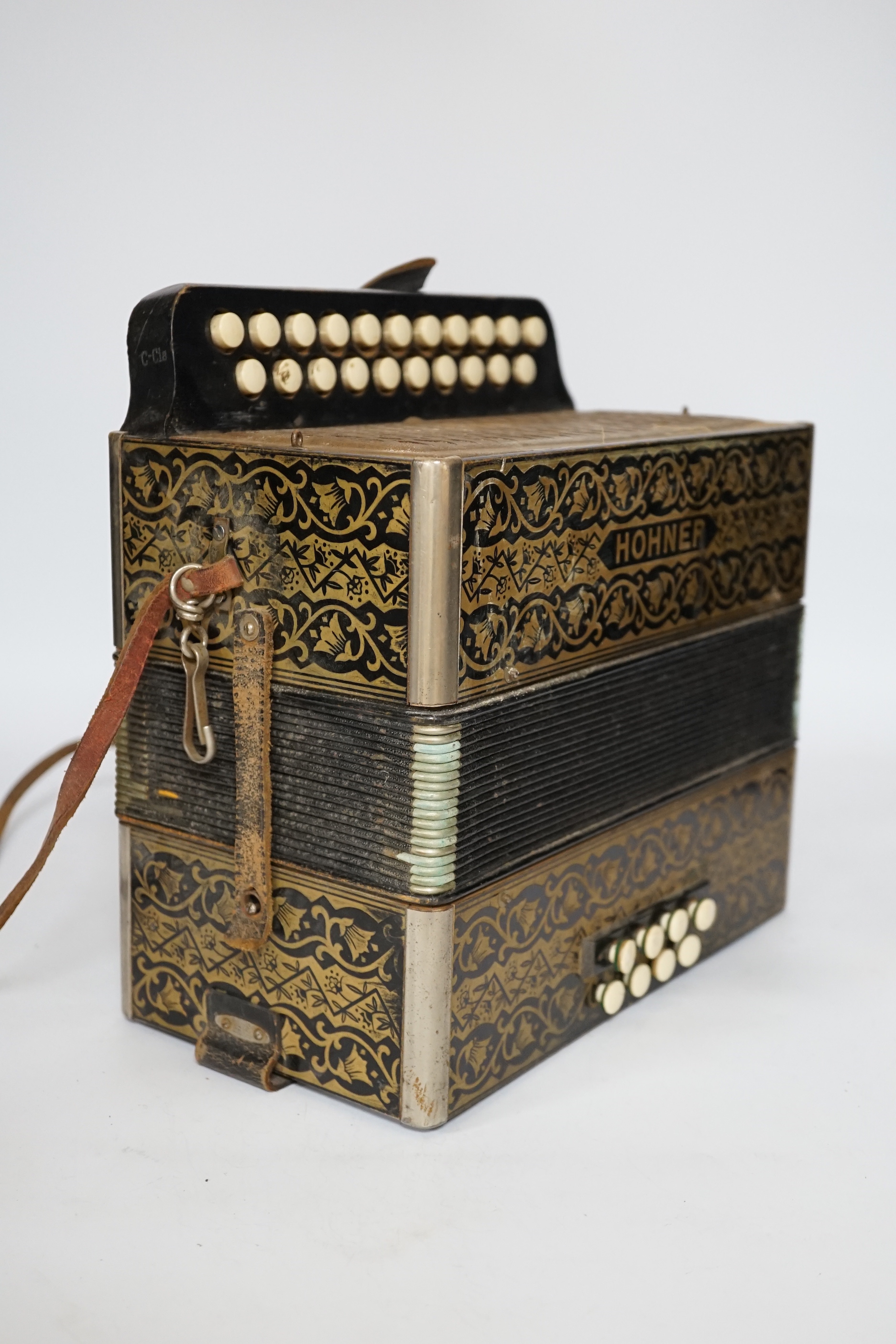 A Hohner accordion with Bakelite buttons